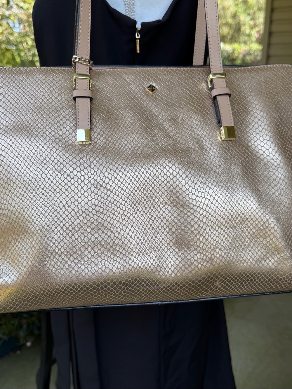 ANTONIO MELANI Metallic Champagne Snake-Texture Leather Tote